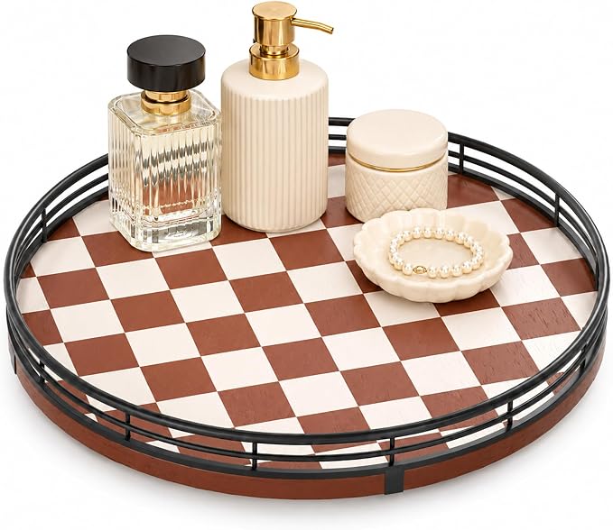 Brown Checkered Lazy Susan Organizer, 10 Inch Rotating Countertop Tray by AMH