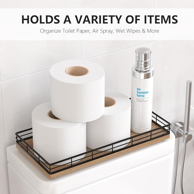 Toilet Paper Basket Organizer – Acacia Wood Toilet Tank Tray - Image 2
