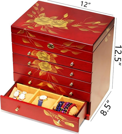 Hand-drawn rose wood jewelry box 6-Layer Jewelry Organizer - Image 5