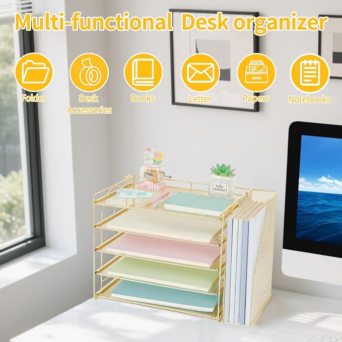 AUPSEN Gold Desk Accessories Organizer, 5-Tier Letter Tray Paper Organizer - Image 4