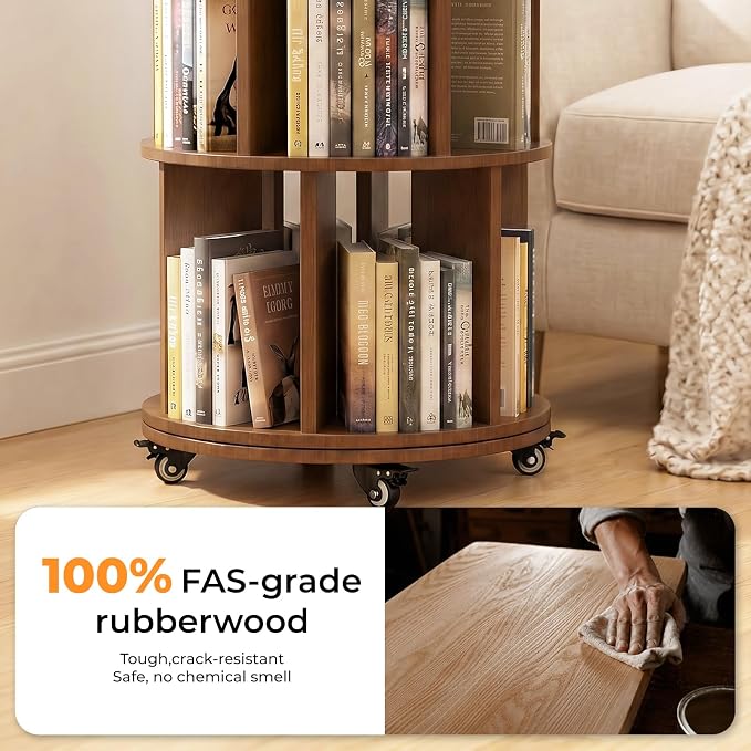 Kryonix 5 Tier Solid Wood Rotating Bookshelf on Wheels, Spinning Bookcase | - Image 6