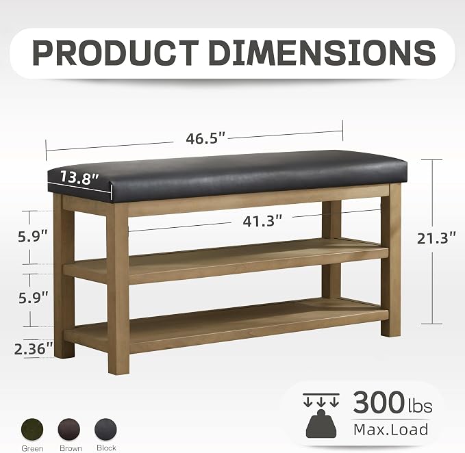Zihanhome Shoe Rack Bench with Leather Cushion, 2 Tier Solid Wood Storage Bench - Image 2