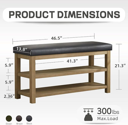 Zihanhome Shoe Rack Bench with Leather Cushion, 2 Tier Solid Wood Storage Bench - Image 2