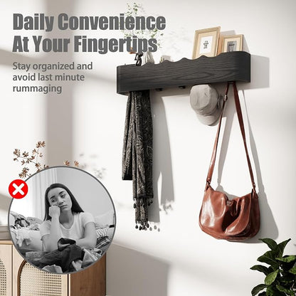 Coat Rack Wall Mount with Shelf 4 Hidden Hooks Modern Wooden Key Holder - Image 5