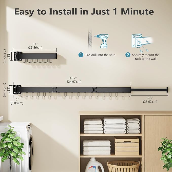 JAUREE Clothes Drying Rack Wall Mounted, Space-Saving Drying Rack Clothing - Image 6