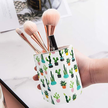 Pen Holder, Makeup Brush Holder Ceramic Shiny Gold Tropical Cactus Green - Image 5