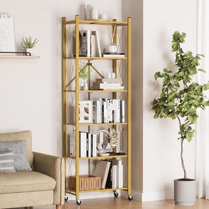 ALANNG 73.6 Inch Folding Bookshelf, 6 Tier Metal Bookcase and Bookshelves | - Image 2