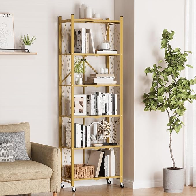 ALANNG 73.6 Inch Folding Bookshelf, 6 Tier Metal Bookcase and Bookshelves | - Image 2