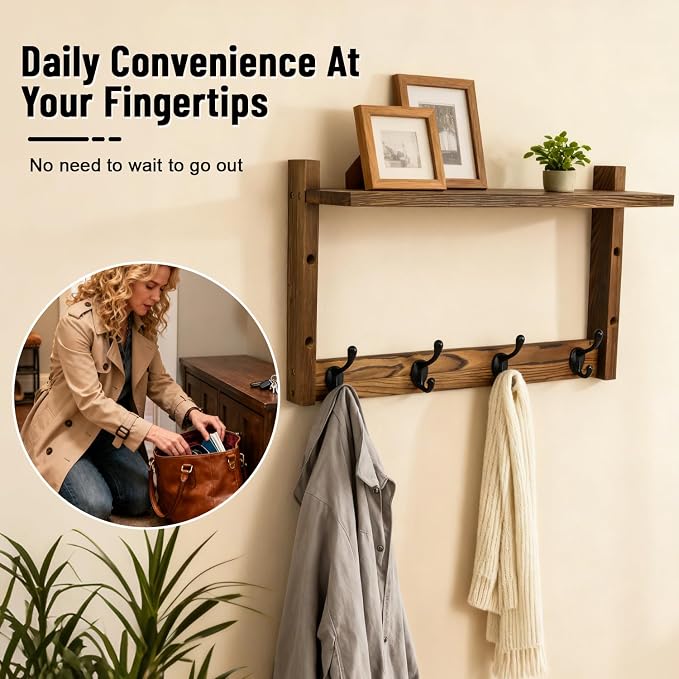 28" Coat Rack Wall Mount with Shelf with 7 Hooks 3 Key Hanger | Entryway Key - Image 5