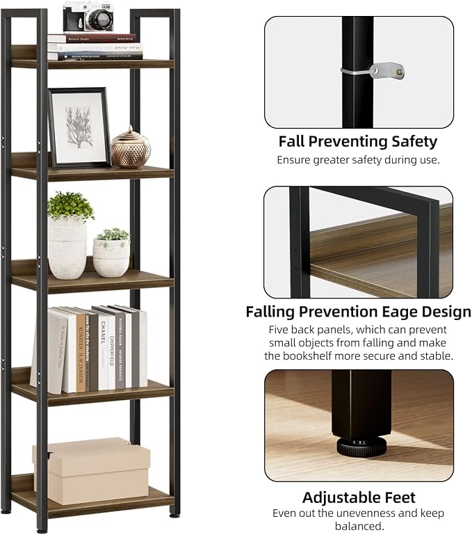 NUMENN Narrow Bookshelf, 5 Tier Freestanding Shelving Unit, Dark Walnut | Metal - Image 6