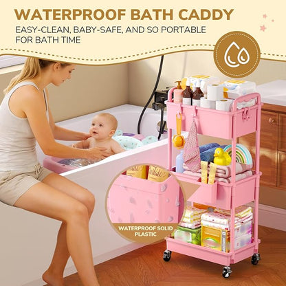 Goovilla Diaper Cart with Lockable Wheels and Easy Assembly, 3 Tier Pink - Image 3