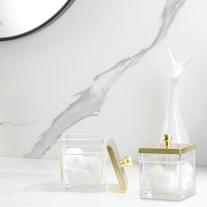 Glass Cotton Jar Holder 2 Pack– Brushed Gold Lid, Elegant Bathroom Storage - Image 7