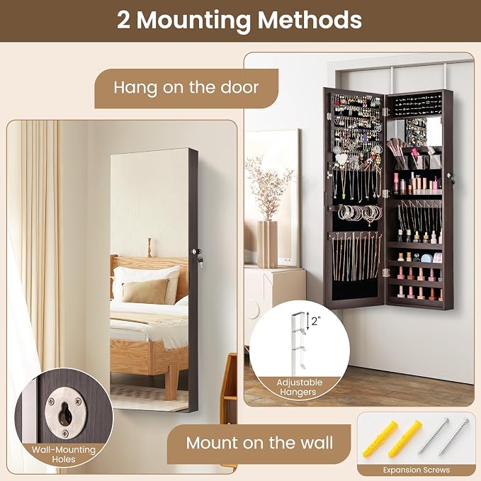 CHARMAID Jewelry Cabinet Wall or Door Mounted, Hanging Lockable Jewelry Armoire - Image 4