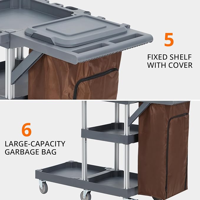 Commercial Janitorial Cart, 3-Shelf Housekeeping Cleaning Cart - Image 5