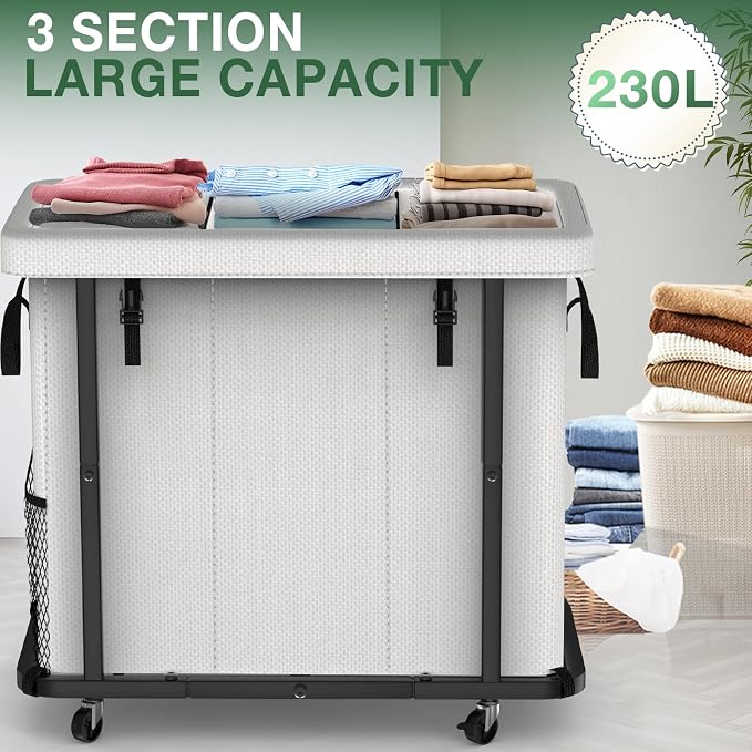 60 Gal Laundry Basket with Lid, Rolling Laundry Hamper with Wheels, Dirty - Image 2