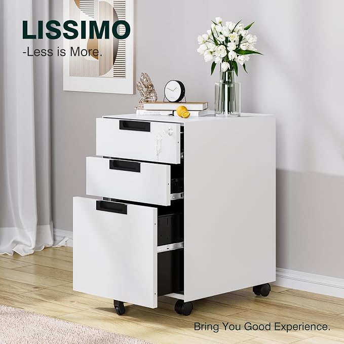 Mobile File Cabinet, 3 Drawer Locking Storage Filing Cabinet, Office Metal - Image 9