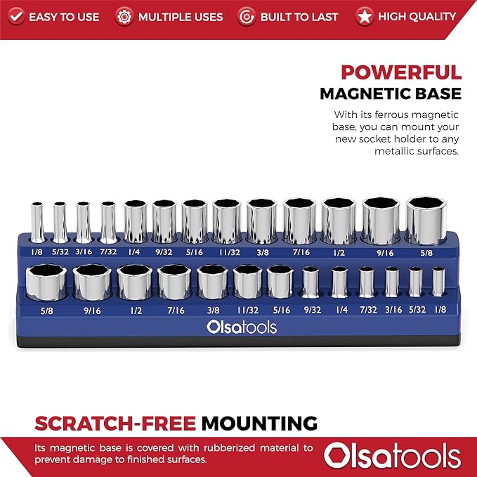 Olsa Tools Magnetic Socket Organizer | 1/4-inch drive | SAE BLUE | Holds 26 - Image 4