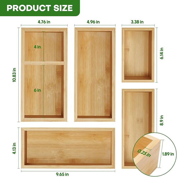 Bamboo Drawer Organizer Set, Junk Drawer Divider and Storage Trays Containers - Image 3
