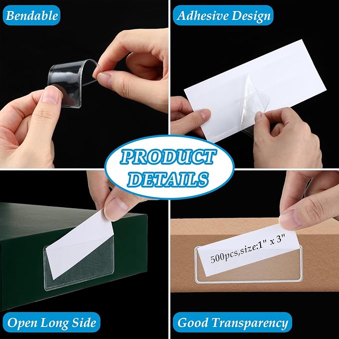 500 Pcs Label Holder Self Adhesive Clear Pocket 3x1 Inch Plastic Shelf Tag - Image 3