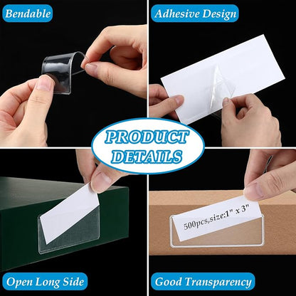 500 Pcs Label Holder Self Adhesive Clear Pocket 3x1 Inch Plastic Shelf Tag - Image 3