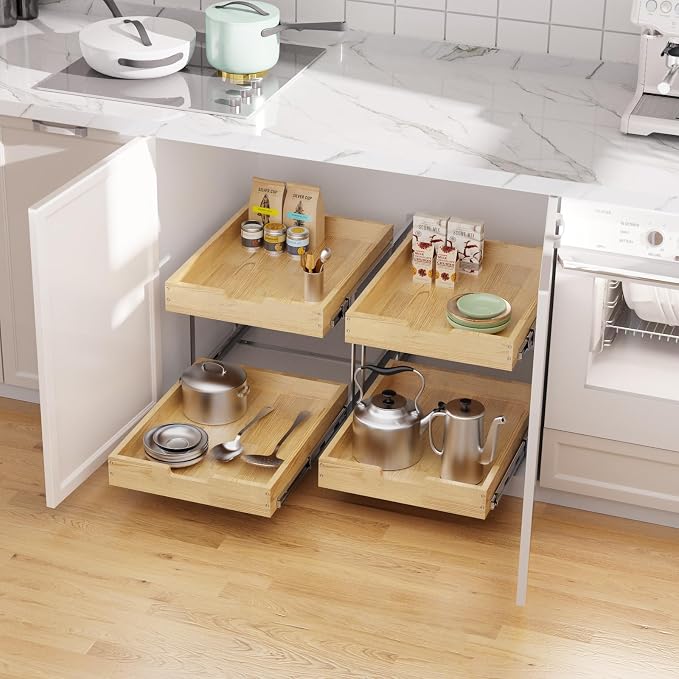 Wood Pull Out Cabinet Organizer 2 Tie 26" W x 21" D, Heavy-Duty Sliding Drawers - Image 5
