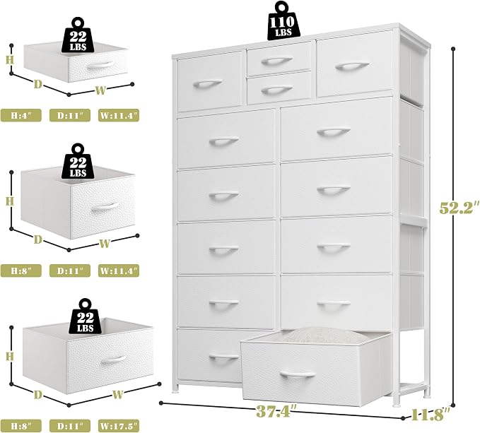 EnHomee 52.2" H White Dresser for Bedroom, Vertical Storage Tower, Anti-Tip | - Image 3