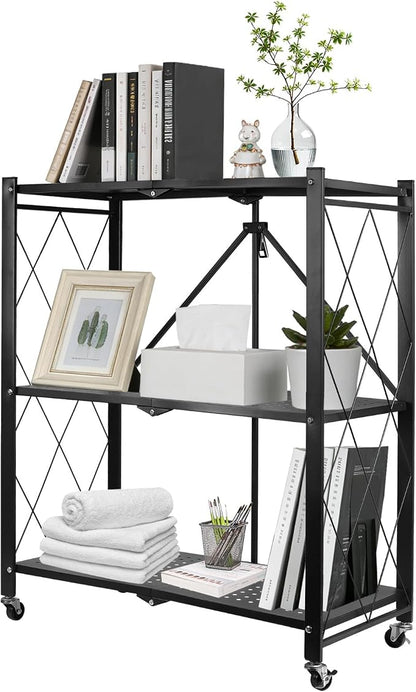 3 Tier Folding Shelf with Wheels, Foldable Metal Shelving Unit, No Assembly by Unknown