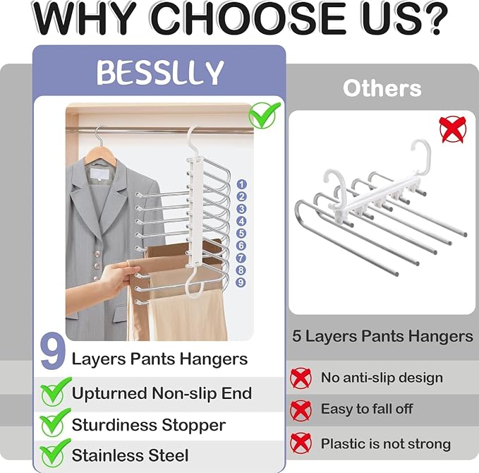 Upgrade 9 Layers Pants Hangers Space Saving, 4 Pack Pant Hangers Organizer - Image 2