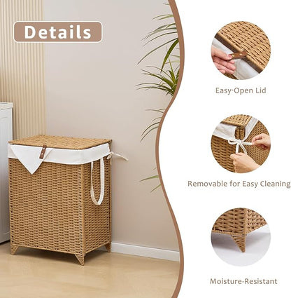 Laundry Hamper with Lid and Removable Liner Bag, Handwoven Rattan Clothes - Image 6