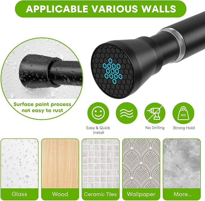 Tension Curtain Rod 2Pack Black Tension Rod Adjustable Curtain Rod No Drilling - Image 4