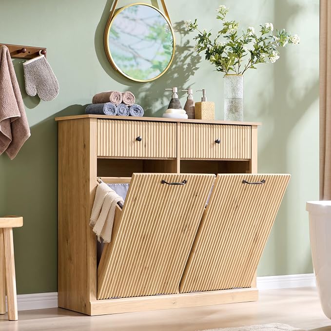 Modern Double Tilt-Out Laundry Hamper Cabinet, 20 Gallon Fluted Trash Can by IFBUYFarmhouseFurniture