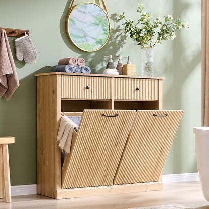 Modern Double Tilt-Out Laundry Hamper Cabinet, 20 Gallon Fluted Trash Can by IFBUYFarmhouseFurniture
