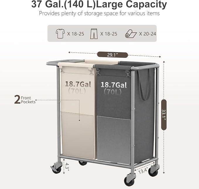 Heybly 2-Section Laundry Sorter Hamper, Rolling Laundry Hamper - Image 7