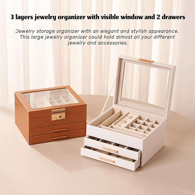 Jewelry Box Organizer with Glass Lid, 3-Layer Jewelry Storage, with 2 Drawers - Image 2