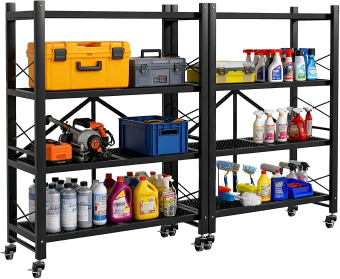 2 Pack 4 Tier Folding Storage Shelves, Heavy Duty Garage Shelving Unit by TANGJEAMER