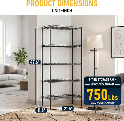 FDW 5 Tier 22L x 12W x 48H Pantry Shelves Adjustable Storage Rack Metal Shelf - Image 8