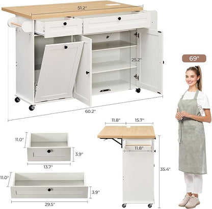 60.2" Kitchen Islands with Storage, Kitchen Island Cart with Trash Can Storage - Image 2
