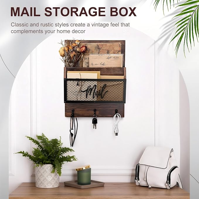 Yalikop Farmhouse Mail Organizer Wall Mounted Rustic Mail Holder Hanging Key - Image 5
