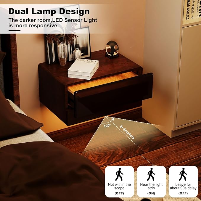 HedoAjim Floating Nightstand Smart Bedside Table LED Nightstand, Wall Mounted - Image 6