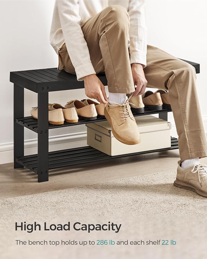 SONGMICS Shoe Rack Bench, 3-Tier Bamboo Shoe Storage Organizer, Entryway Bench - Image 4