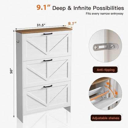 Nicetree Shoe Cabinet, 3 Flip Drawers & Adjustable Shelves, Ultra Slim - Image 2