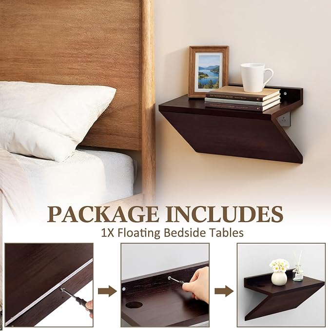 1 Pack 13 x 7 x 5.5 Inch Floating Nightstand Wooden Bedside V Shape Wall Shelf - Image 3
