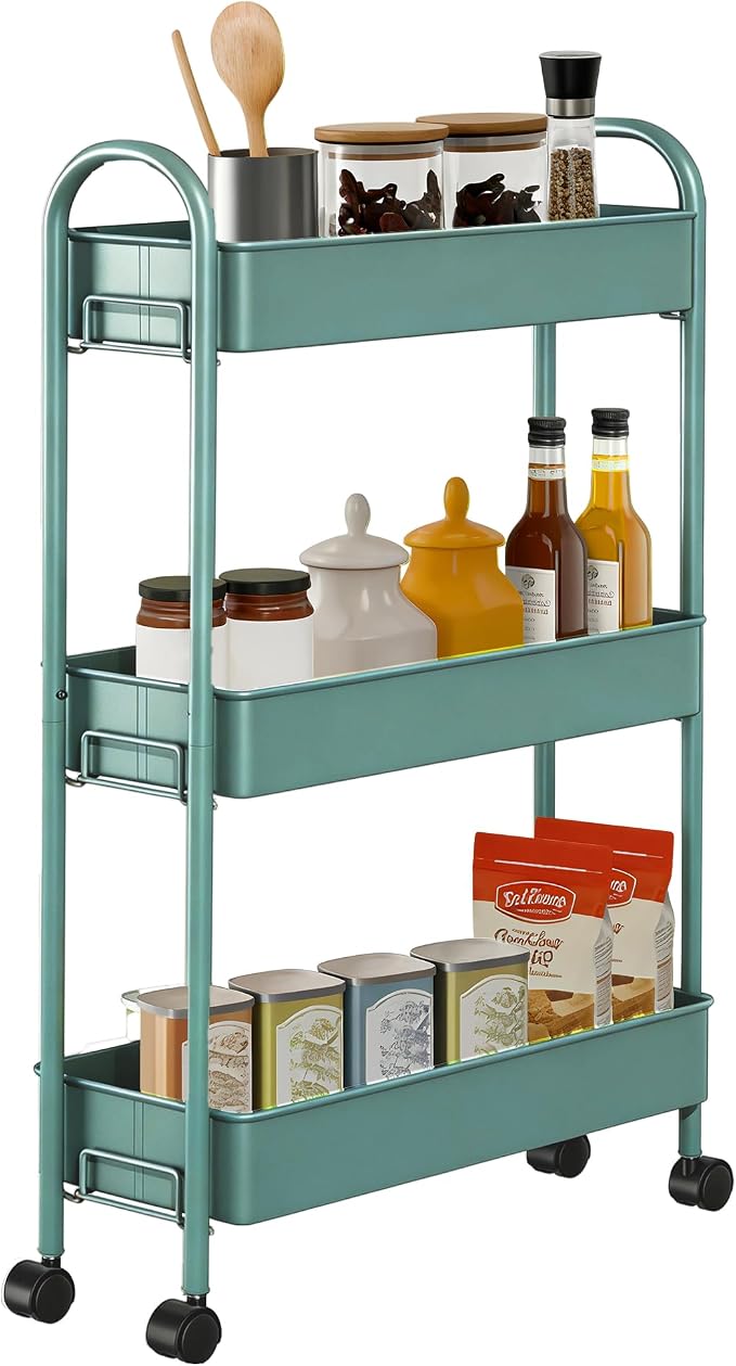 Slim Rolling Cart, Metal Frame Utility Rolling 3-Tier Narrow Storage Cart | by Unknown