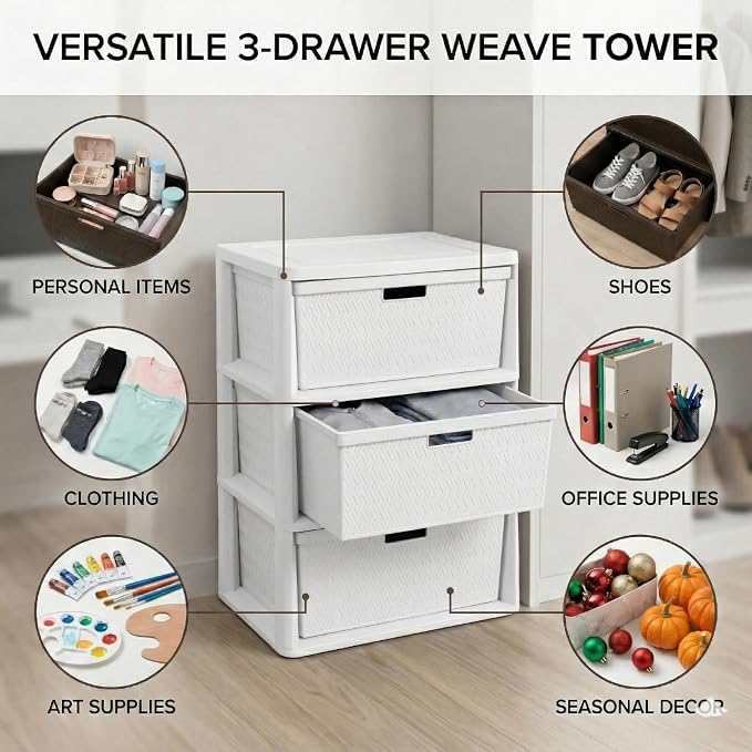 3 Drawer Wide Weave Storage Tower, Modern Style Decorative Freestanding Storage - Image 3