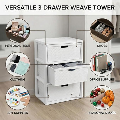 3 Drawer Wide Weave Storage Tower, Modern Style Decorative Freestanding Storage - Image 3