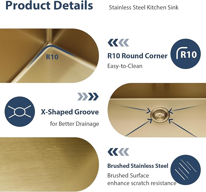 Lordear Gold Undermount Kitchen Sink 33" x 19" Stainless Steel Sinks 16 Gauge - Image 7