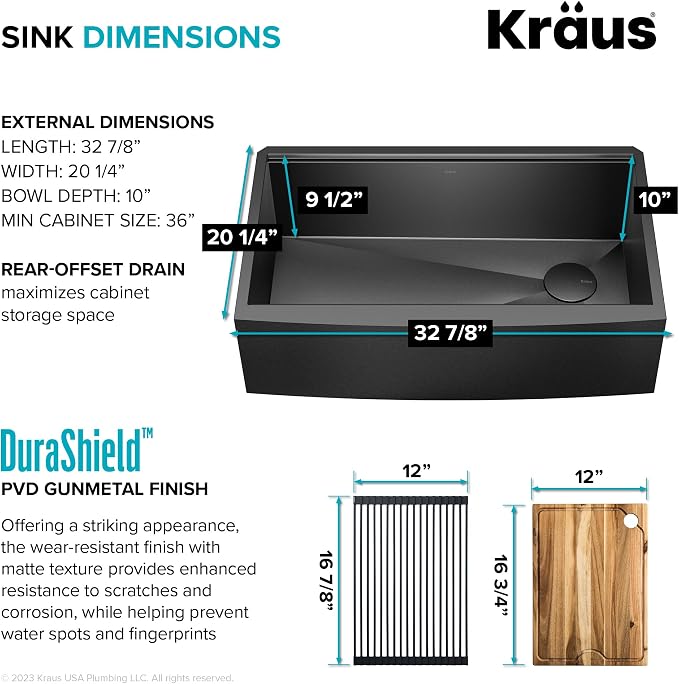 KRAUS Kore Workstation 33-inch Farmhouse Modern Flat Apron Front 16 Gauge Black - Image 6