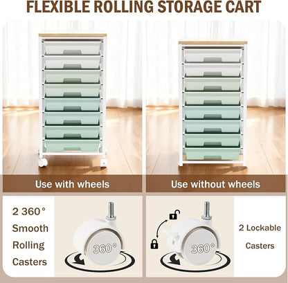 Rolling Cart with 8 Drawers, Storage Drawers Cart with Wooden Tabletop and - Image 6