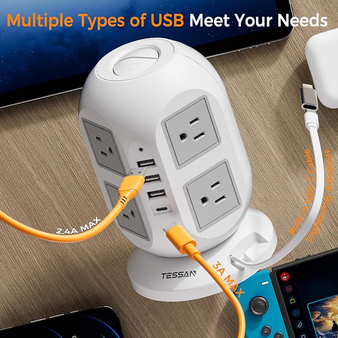 Tower Power Strip Surge Protector 10 Ft, TESSAN Flat Plug Extension Cord - Image 3