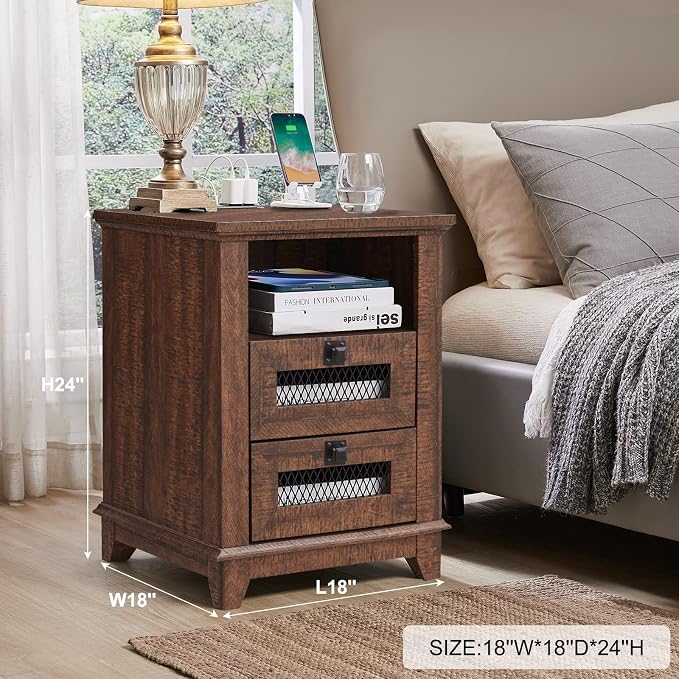 Nightstand with Charging Station, OKD 18'' Industrial & Farmhouse End Table - Image 2